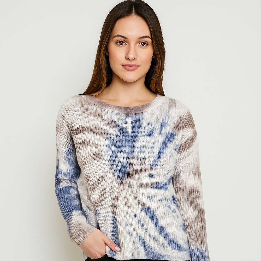 Blue Rain Women’s Cotton Sweater size Large Neutral and Blue Tie dye